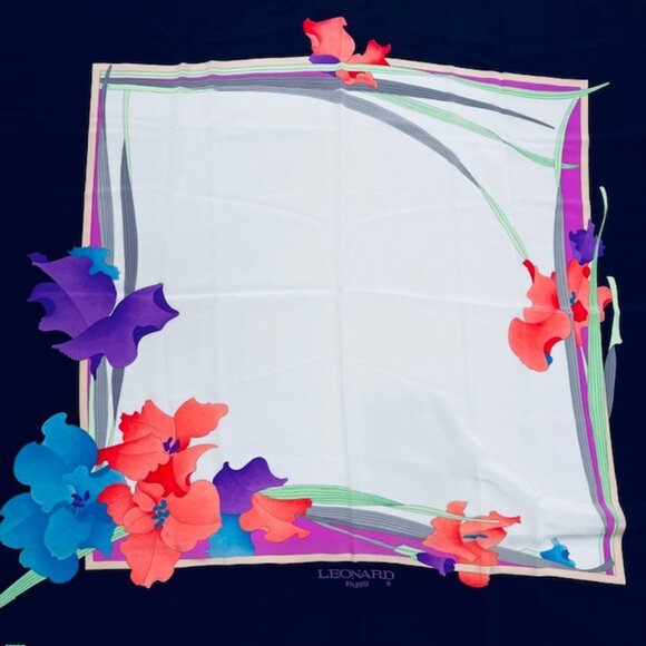 Leonard Paris 100% Silk Scarf 33" Ivery Blue pink purple green floral (79 - Picture 4 of 15